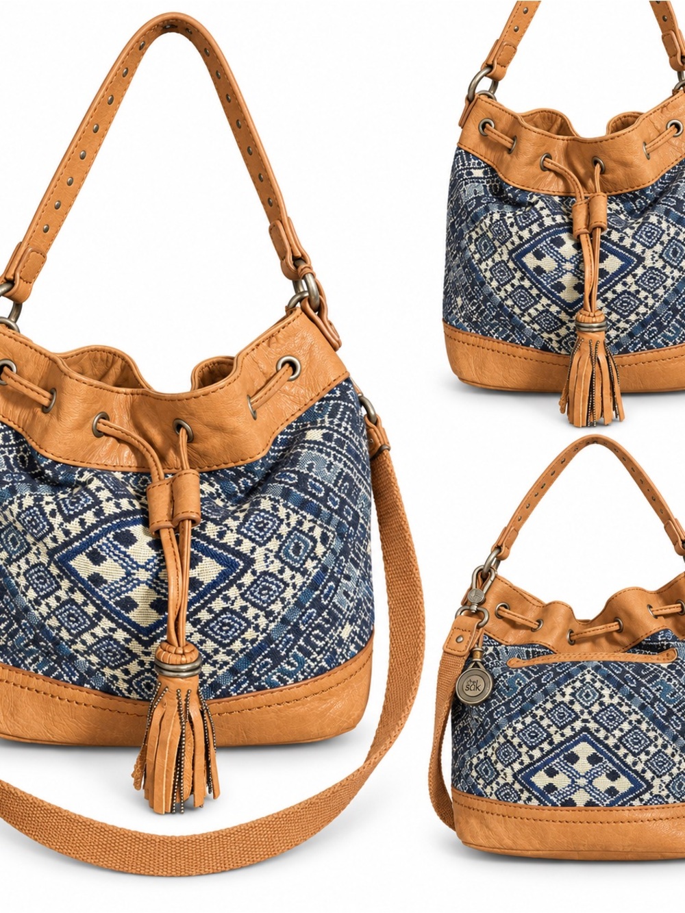 The Sak Blue Geometric Woven Drawstring Bucket Shoulder Bag